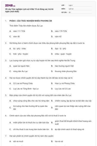 28 câu Trắc nghiệm Lịch sử 6 Bài 15 có đúng sai, trả lời ngắn (mới nhất)