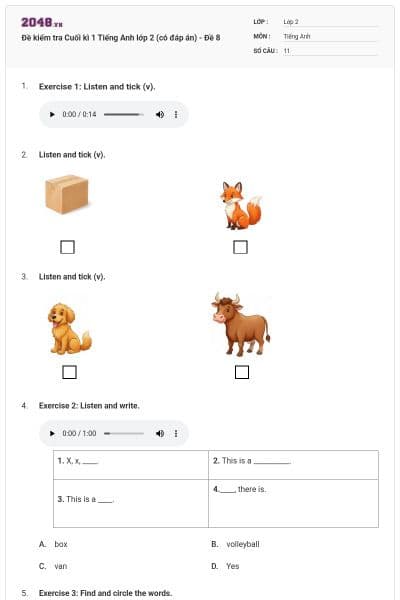 Đề kiểm tra Cuối kì 1 Tiếng Anh lớp 2 (có đáp án) - Đề 8