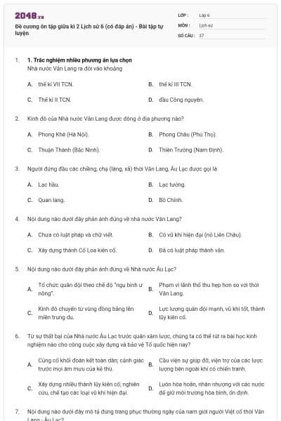 Đề cương ôn tập giữa kì 2 Lịch sử 6 (có đáp án) - Bài tập tự luyện