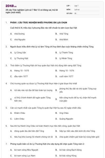28 câu Trắc nghiệm Lịch sử 7 Bài 12 có đúng sai, trả lời ngắn (mới nhất)