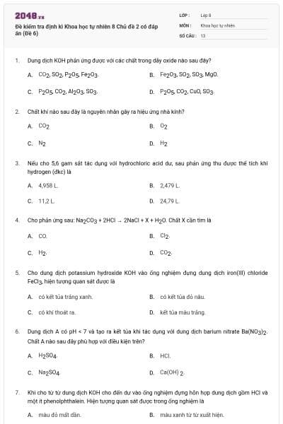 Đề kiểm tra định kì Khoa học tự nhiên 8 Chủ đề 2 có đáp án (Đề 6)