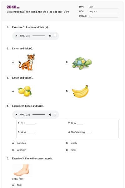 Đề kiểm tra Cuối kì 2 Tiếng Anh lớp 1 (có đáp án) - Đề 9