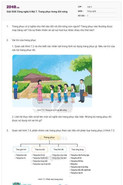 Giải SGK Công nghệ 6 Bài 7. Trang phục trong đời sống