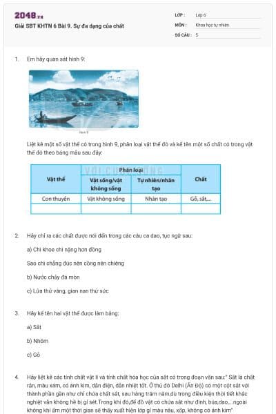 Giải SBT KHTN 6 Bài 9. Sự đa dạng của chất