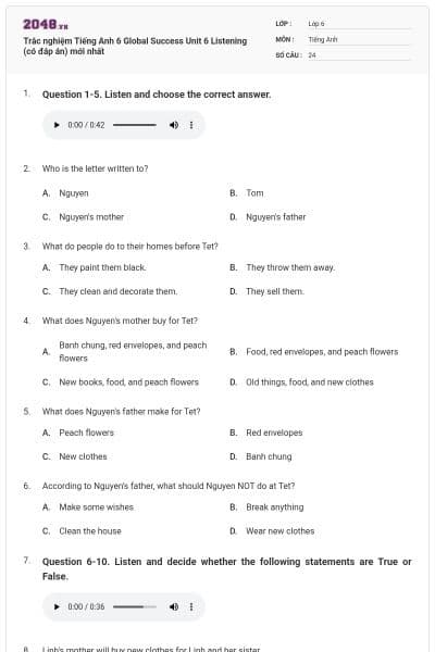 Trắc nghiệm Tiếng Anh 6 Global Success Unit 6 Listening (có đáp án) mới nhất