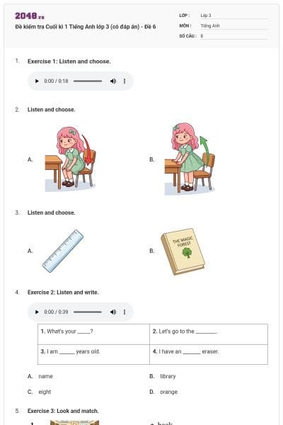 Đề kiểm tra Cuối kì 1 Tiếng Anh lớp 3 (có đáp án) - Đề 6
