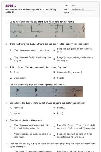 Đề kiểm tra định kì Khoa học tự nhiên 8 Chủ đề 4 có đáp án (Đề 2)