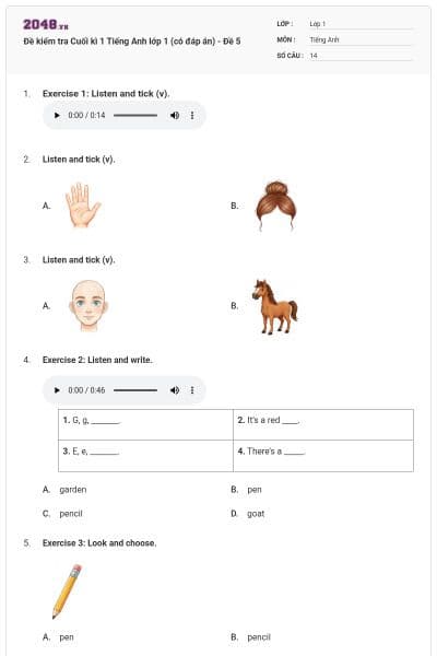 Đề kiểm tra Cuối kì 1 Tiếng Anh lớp 1 (có đáp án) - Đề 5