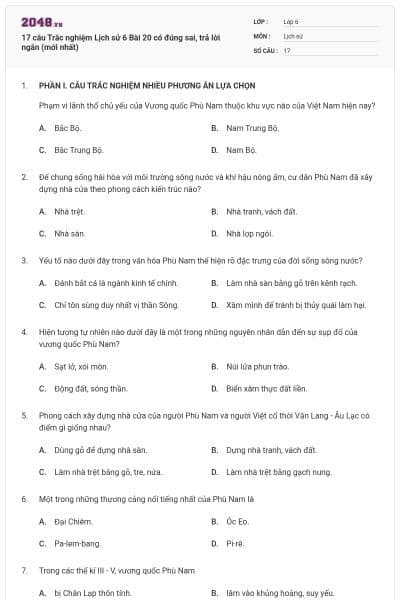 17 câu Trắc nghiệm Lịch sử 6 Bài 20 có đúng sai, trả lời ngắn (mới nhất)