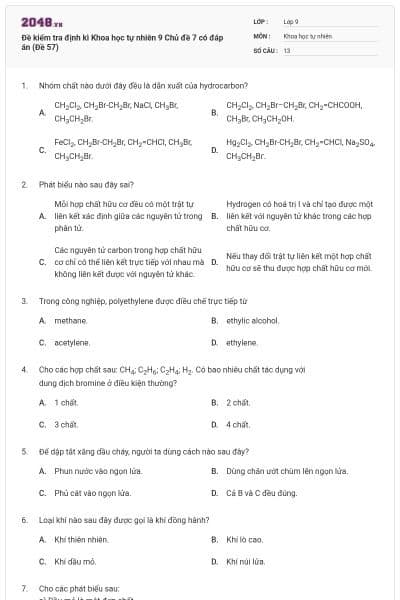 Đề kiểm tra định kì Khoa học tự nhiên 9 Chủ đề 7 có đáp án (Đề 57)