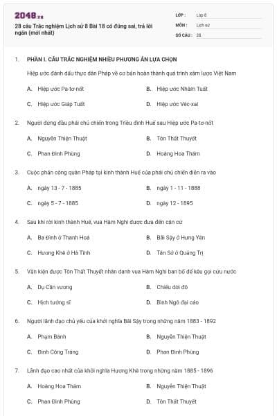 28 câu Trắc nghiệm Lịch sử 8 Bài 18 có đúng sai, trả lời ngắn (mới nhất)