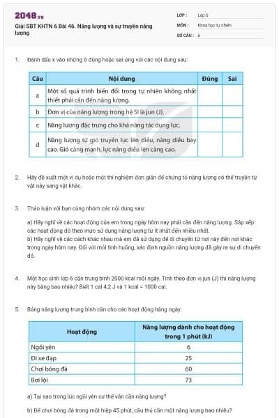 Giải SBT KHTN 6 Bài 46. Năng lượng và sự truyền năng lượng