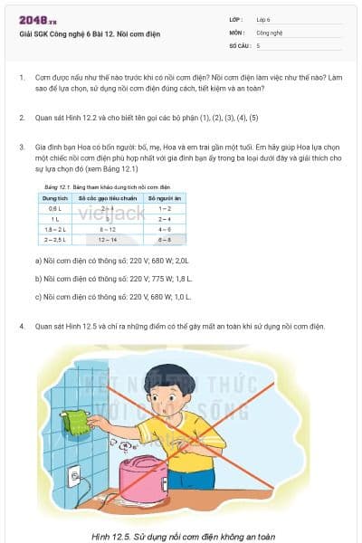 Giải SGK Công nghệ 6 Bài 12. Nồi cơm điện