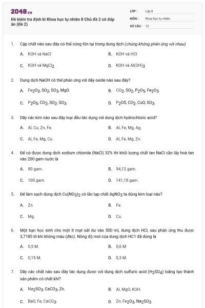 Đề kiểm tra định kì Khoa học tự nhiên 8 Chủ đề 2 có đáp án (Đề 2)