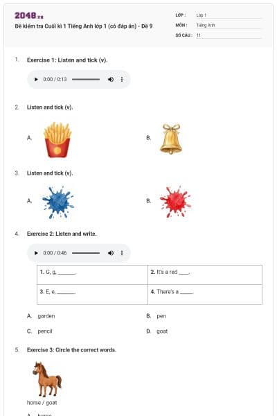 Đề kiểm tra Cuối kì 1 Tiếng Anh lớp 1 (có đáp án) - Đề 9