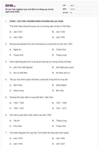 28 câu Trắc nghiệm Lịch sử 8 Bài 5 có đúng sai, trả lời ngắn (mới nhất)