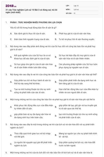 31 câu Trắc nghiệm Lịch sử 10 Bài 3 có đúng sai, trả lời ngắn (mới nhất)