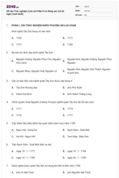 28 câu Trắc nghiệm Lịch sử 8 Bài 8 có đúng sai, trả lời ngắn (mới nhất)