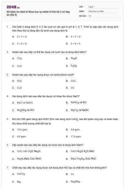 Đề kiểm tra định kì Khoa học tự nhiên 8 Chủ đề 2 có đáp án (Đề 5)