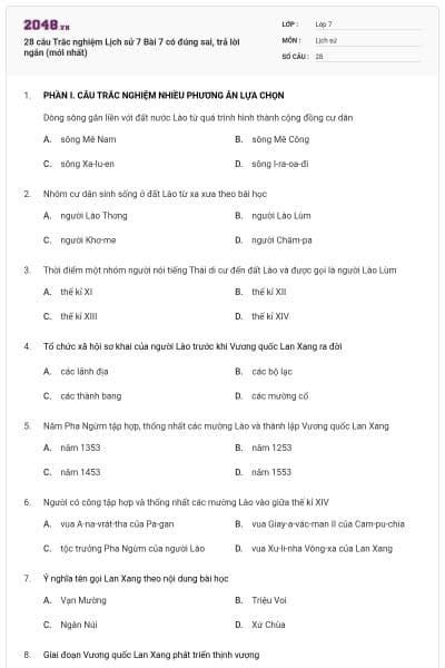 28 câu Trắc nghiệm Lịch sử 7 Bài 7 có đúng sai, trả lời ngắn (mới nhất)
