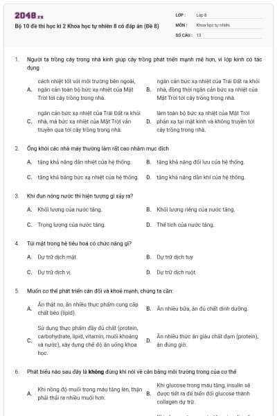 Bộ 10 đề thi học kì 2 Khoa học tự nhiên 8 có đáp án (Đề 8)