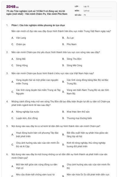 79 câu Trắc nghiệm Lịch sử 10 Bài 9 có đúng sai, trả lời ngắn (mới nhất) - Văn minh Chăm-Pa, Văn minh Phù Nam