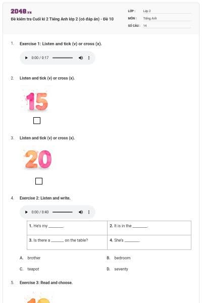 Đề kiểm tra Cuối kì 2 Tiếng Anh lớp 2 (có đáp án) - Đề 10