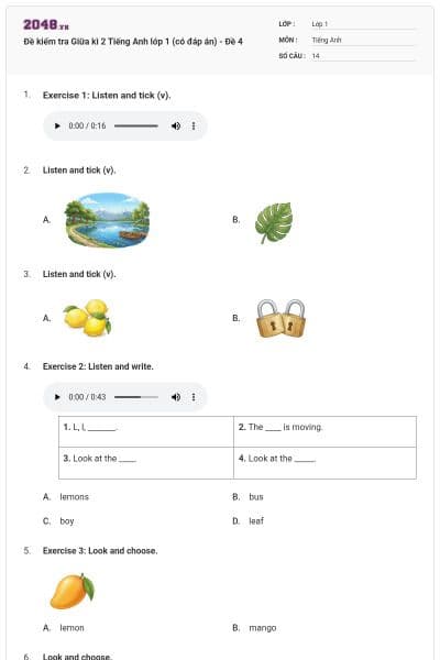 Đề kiểm tra Giữa kì 2 Tiếng Anh lớp 1 (có đáp án) - Đề 4