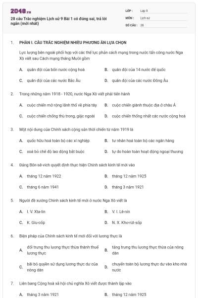 28 câu Trắc nghiệm Lịch sử 9 Bài 1 có đúng sai, trả lời ngắn (mới nhất)