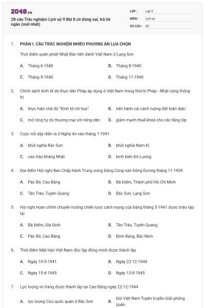 28 câu Trắc nghiệm Lịch sử 9 Bài 8 có đúng sai, trả lời ngắn (mới nhất)