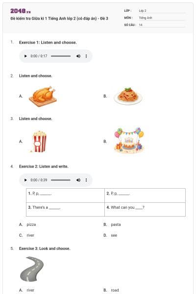 Đề kiểm tra Giữa kì 1 Tiếng Anh lớp 2 (có đáp án) - Đề 3
