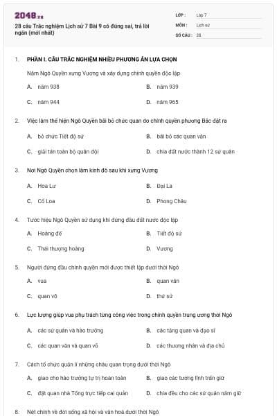 28 câu Trắc nghiệm Lịch sử 7 Bài 9 có đúng sai, trả lời ngắn (mới nhất)