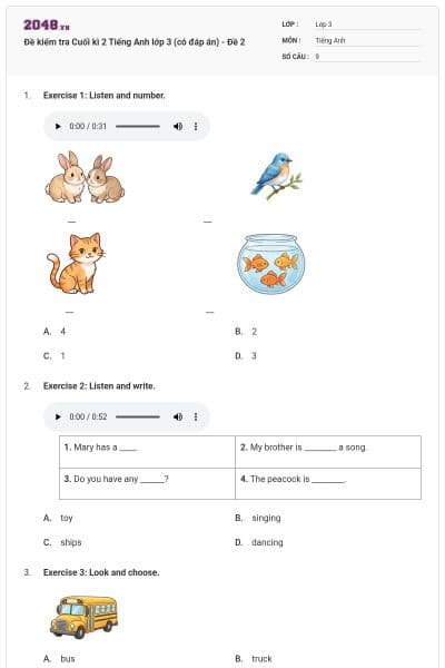 Đề kiểm tra Cuối kì 2 Tiếng Anh lớp 3 (có đáp án) - Đề 2