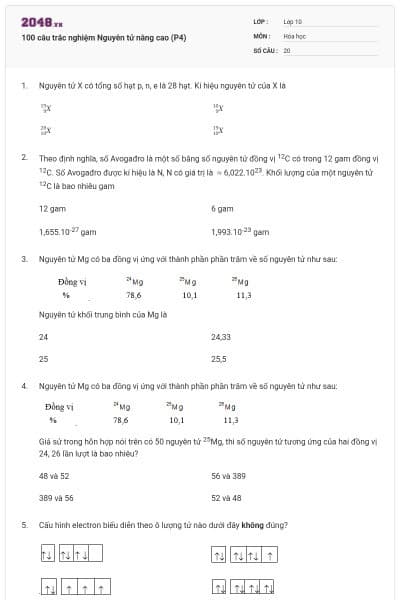 100 câu trắc nghiệm Nguyên tử nâng cao (P4)