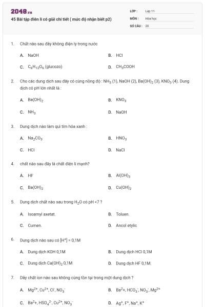 45 Bài tập điên li có giải chi tiết ( mức độ nhận biết p2)