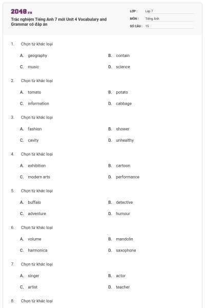 Trắc nghiệm Tiếng Anh 7 mới Unit 4 Vocabulary and Grammar có đáp án