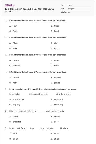Bộ 2 đề thi cuối kì 1 Tiếng Anh 7 năm 2024-2025 có đáp án - Đề 1