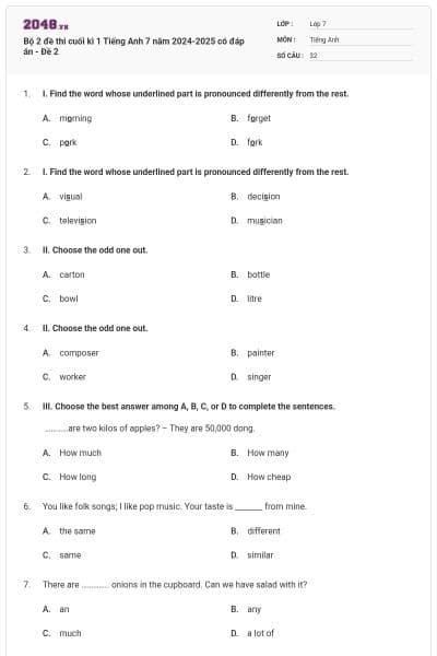 Bộ 2 đề thi cuối kì 1 Tiếng Anh 7 năm 2024-2025 có đáp án - Đề 2