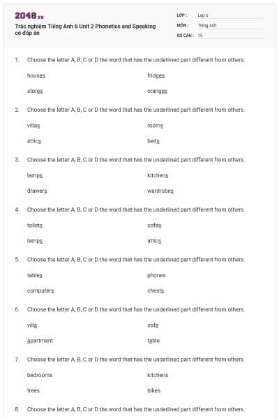 Trắc nghiệm Tiếng Anh 6  Unit 2 Phonetics and Speaking có đáp án