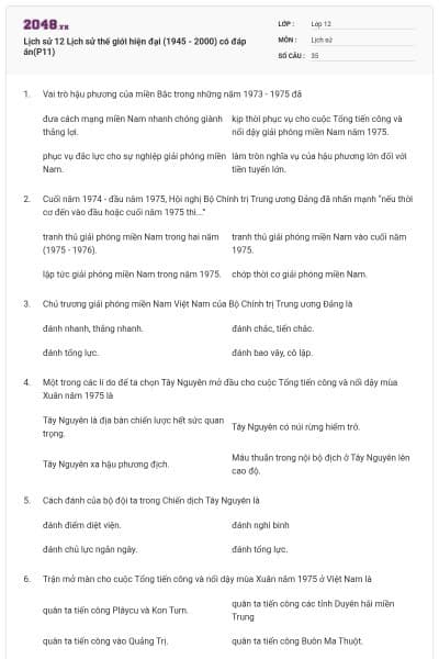 Lịch sử 12 Lịch sử thế giới hiện đại (1945 - 2000) có đáp án(P11)