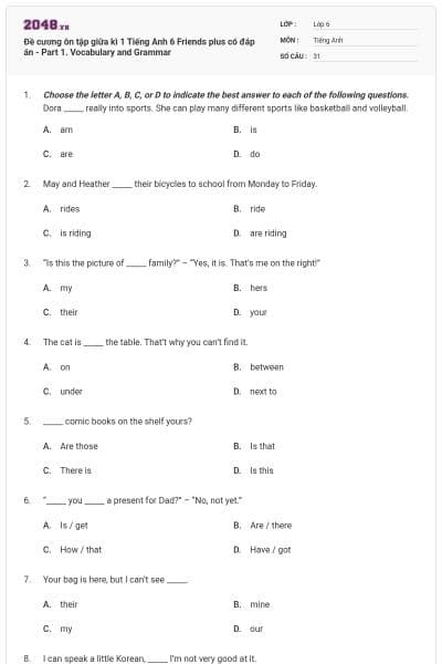 Đề cương ôn tập giữa kì 1 Tiếng Anh 6 Friends plus có đáp án - Part 1. Vocabulary and Grammar