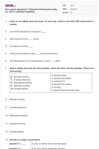 Đề cương ôn tập giữa kì 1 Tiếng Anh 6 Friends plus có đáp án - Part 3. Listening & Speaking