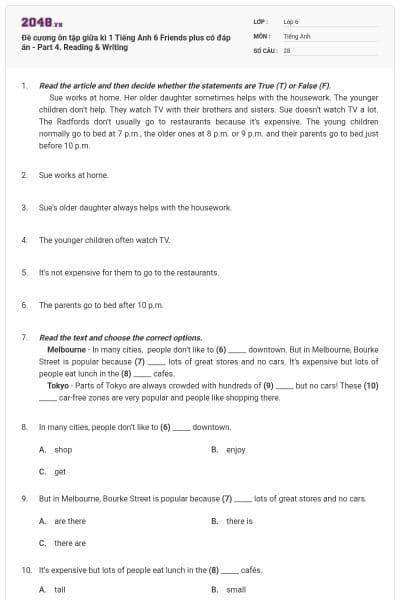 Đề cương ôn tập giữa kì 1 Tiếng Anh 6 Friends plus có đáp án - Part 4. Reading & Writing