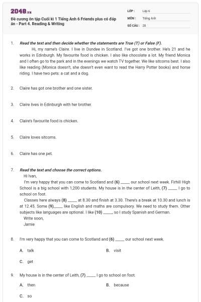 Đề cương ôn tập Cuối kì 1 Tiếng Anh 6 Friends plus có đáp án - Part 4. Reading & Writing