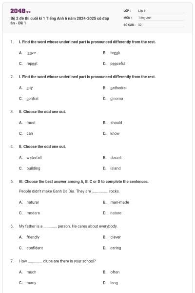 Bộ 2 đề thi cuối kì 1 Tiếng Anh 6 năm 2024-2025 có đáp án - Đề 1