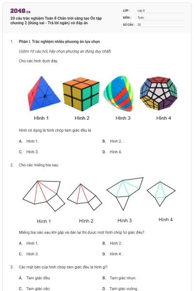 20 câu trắc nghiệm Toán 8 Chân trời sáng tạo Ôn tập chương 2 (Đúng sai - Trả lời ngắn) có đáp án