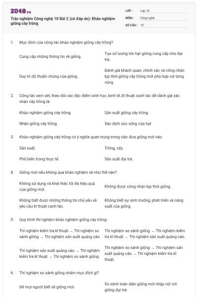 Trắc nghiệm Công nghệ 10 Bài 2 (có đáp án): Khảo nghiệm giống cây trồng