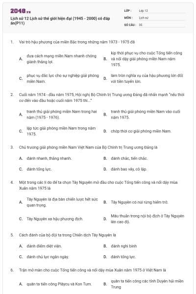 Lịch sử 12 Lịch sử thế giới hiện đại (1945 - 2000) có đáp án(P11)