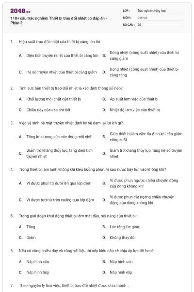 110+ câu trắc nghiệm Thiết bị trao đổi nhiệt có đáp án - Phần 2