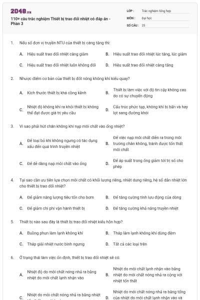 110+ câu trắc nghiệm Thiết bị trao đổi nhiệt có đáp án - Phần 3